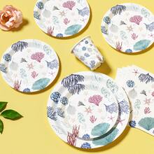 1 Set Of 25 Disposable Party Supplies With Ocean Fossil Design Plates, Napkins, Cups - Suitable For Birthday, Wedding, Theme Party, Family Picnic - Multicolor - View 4