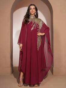 YISIKADO Women's Modest Long Arabic Abaya Dress With Gold Sequin Details - Red - View 5