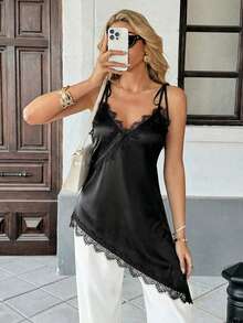 Women's New Spring/Summer One-Piece Satin Fabric Glossy Lace Patchwork Backless Asymmetrical Lace Patchwork Camisole Camisole Casual Beach Holiday Vacation Everyday Holiday Camisole Top Camisole Black - Black - View 5