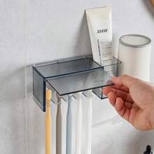 1pc Self-Adhesive 5-Slot Wall Mounted Toothbrush Holder With Cover, Suitable For Shower, Bathroom, Dorm And More, Can Hold Toothpaste And Toothbrush - Multicolor - View 3