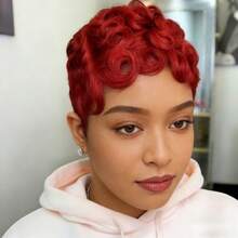 侧分彩色短卷精灵头真人发假发，女士假发，Remy全机织假发，150%密度 - 彩色 - 查看 5