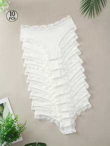 10pcs,Women's Thin White Lace Splicing Thong,Young Girls Fashion Sexy Romantic Bow Lace Panties Thong Panties,Comfortable Soft Breathable Thong Combo Set - White - View 1