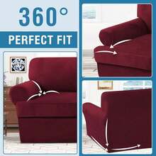Trugenix-Sofa Cover 2 Piece T Cushion Armchair Slipcovers Velvet Couch Cover Furniture Protector Stretch T Cushion Sofa Covers For 1 Cushion Couch With 1 Individual T Cushion Covers, Deep Teal-GP - 酒紅色 - 查看 8