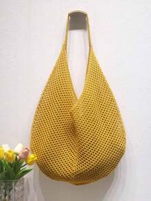 Large Capacity Crochet One Shoulder Tote Bag - Lightweight, Multifunctional Knitted Handbag, Beige, Pink, Brown, Black, Suitable For Travel, Beach, Vacation And Daily Use, Large Tote Bag 7MOC - 米色 - 查看 1