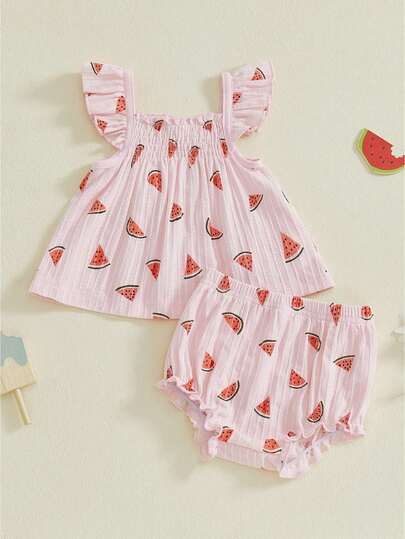 Baby Girl Watermelon Shorts Outfit Flying Sleeve Smocked Babydoll Tops And Ruffle Shorts 2 Piece Summer Set