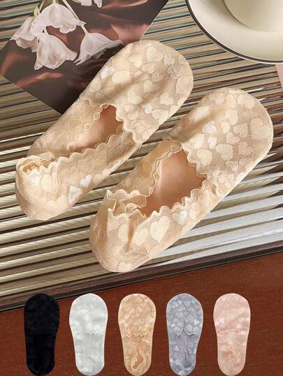 5 Pairs Women's Summer Heart Lace Invisible Non-Slip No-Show Silicone Socks - Lightweight, Anti-Odor & Sweat-Absorbing