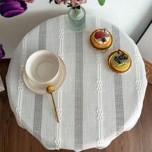 Gernaice Rustic Stripe Embroidered Tablecloth Heavy Small Square Tassel Cotton Linen Table Cloth Wrinkle Free Washable Table Cover For End Bedside Coffee Teapoy Table Tea Trolley White 36x36 Inch - White - 查看 4