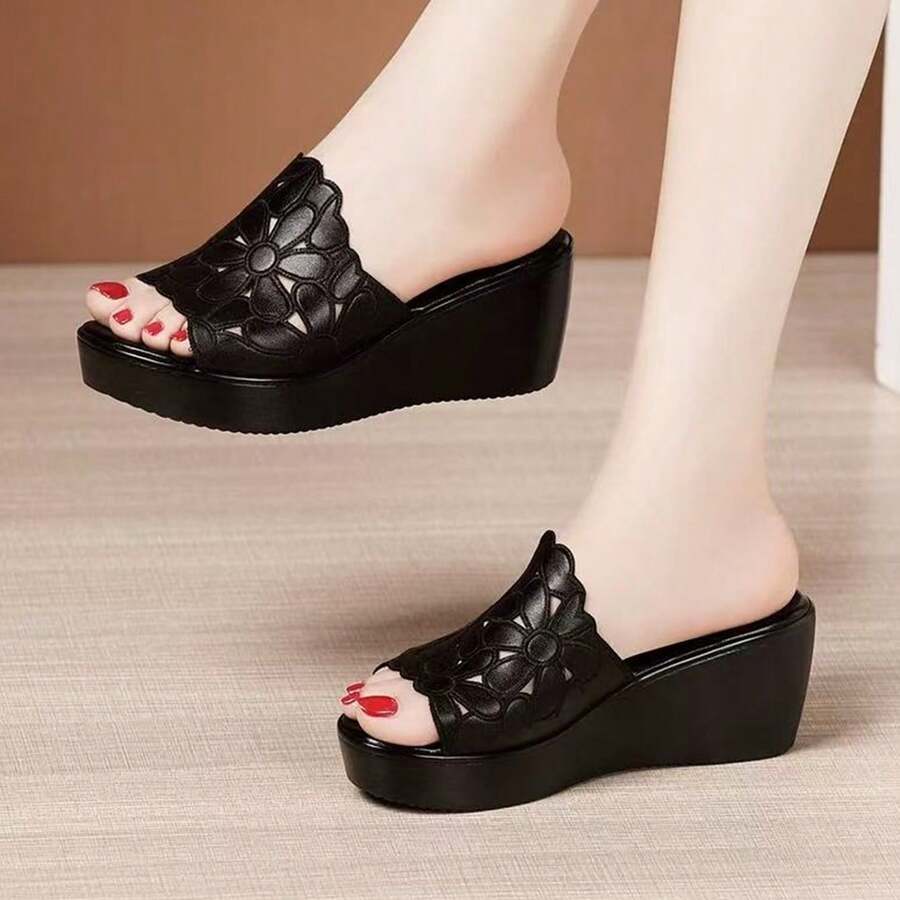 Women's Wedge Sandals Summer Outdoor New Style Platform Thick Sole Peep Toe Waterproof Soft Bottom Shoes - Black Embroidery - View 1