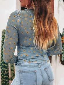 Acelitt 女士复古印花透视网纱性感修身长袖圆领上衣，海湾绿，度假风，秋季休闲春季 - 藍色 - 查看 2