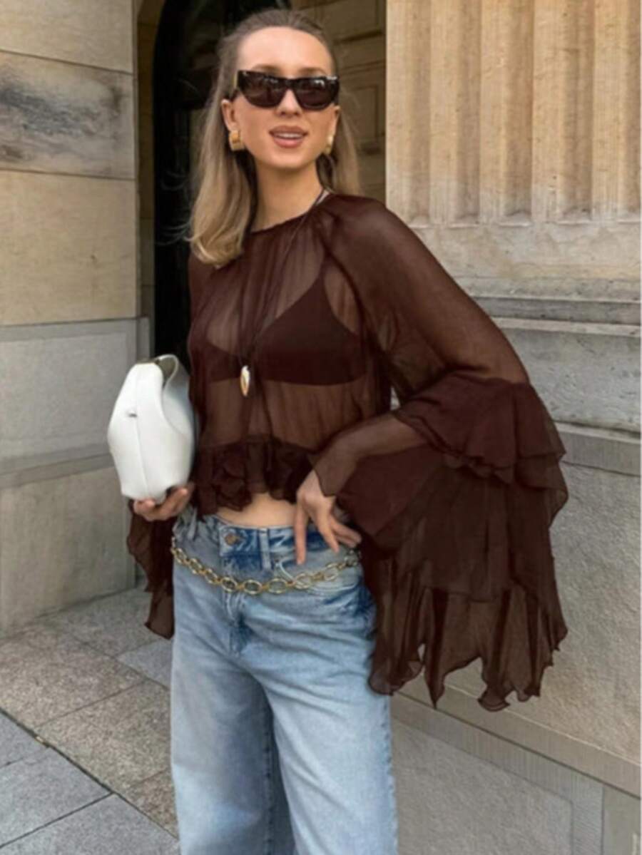 Yuyi Clothing 薄纱雪纺衬衫，荷叶边下摆和灯笼袖，休闲百搭，适合日常穿着，咖啡色，夏季款 - 咖啡棕 - 查看 1