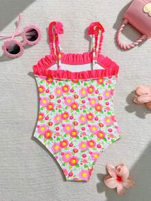 2026 New Children's Beach Party Vacation Yellow Floral Lace One-Piece Swimsuit - Multicolor - View 2