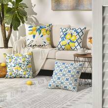 4PCS Lemon Spring And Summer Pillowcase, Blue Plaid Bamboo Summer Sofa Cushion Cover, Single-Sided Without Pillow Insert - Blue and Yellow - View 7