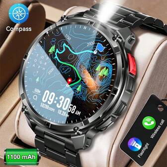 KENPANG 1 pieza Nuevo reloj inteligente de 2026 con pantalla táctil grande de 1.7", batería de larga duración de 1100mAh, linterna LED brillante, llamadas inalámbricas, asistente de voz, recordatorio, brújula, seguimiento deportivo, monitoreo de fitness, resistente al agua IP68, compatible con iOS y Android