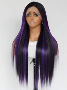 200% Density 24" 13X4 HD Lace Front Wig - Hand-Tied Black Silky Straight With Purple Highlights, Glueless Heat Resistant Synthetic - Purple Highlight - View 6