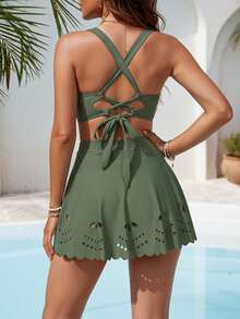 Halter High Waisted Bikini Sets For Women Twist Knot Tummy Control Swimsuits Two Piece Bathing Suits With Skirt - Army Green - View 4