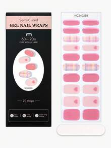 20 tiras de gel semiendurecido de color rosa - Envoltorios de uñas a cuadros con corazones para el Día de San Valentín, requiere lámpara UV, fácil de aplicar, adecuado para el trabajo de las mujeres, pegatinas de uñas DIY para el hogar diario, suministros para uñas - Rosa - Ver 3