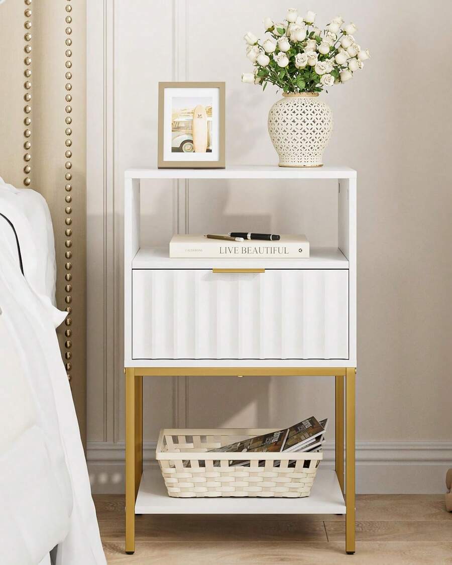2- Tier Small Side Table For Small Spaces, White Bedside Table With Storage And Fluted Drawer, Tall Open Shelf NightStand For Living Room, Bedroom, Dorm - 白色 - 查看 1