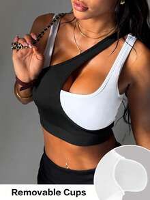 Women's Fashion Black & White Removable Padded Adjustable Strap Sports Knit Bra - Black and White - View 6