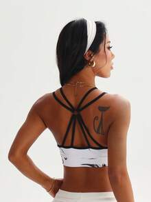 女士时尚黑白扎染印花圆领网眼拼接运动针织文胸 春季 - 黑與白 - 查看 2