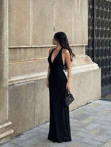 Đầm maxi dáng đuôi cá hở lưng, cổ yếm, cổ chữ V sâu, gợi cảm, thanh lịch, có chi tiết buộc dây, thích hợp cho tiệc cocktail đi biển, dạ hội, đi học, Giáng sinh, Lễ tình nhân, đám cưới, phù dâu, màu đen, mùa xuân. - màu đen - Xem 2