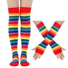 European And American Rainbow Long Socks High Tube Socks Cotton Over-The-Knee Socks Women Colorful Striped Gloves Cross-Border Party Props Set CV5M - 黃色口4/手+腳 - 查看 5