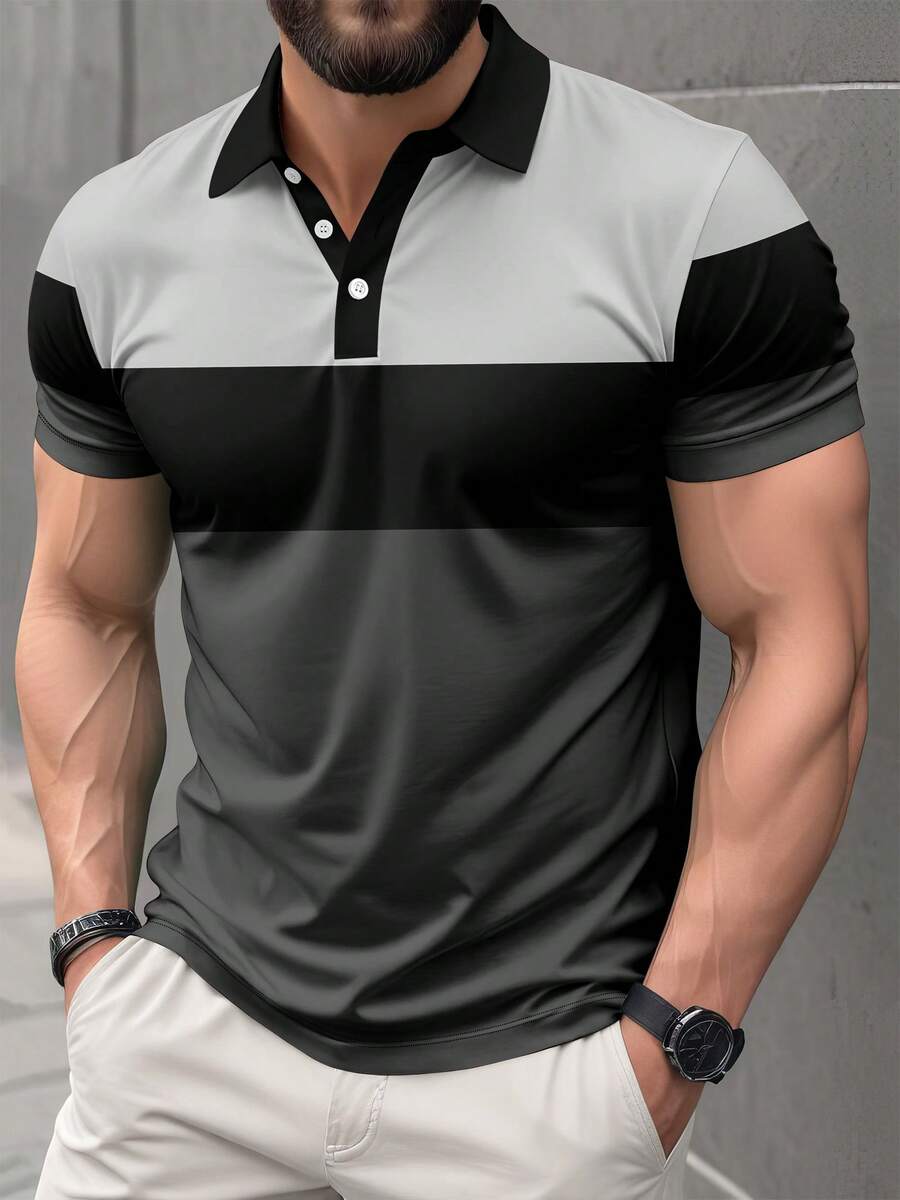 Men's Comfortable Contrast Color Casual Short Sleeve Polo Shirt, Summer Sports - Grey - View 1