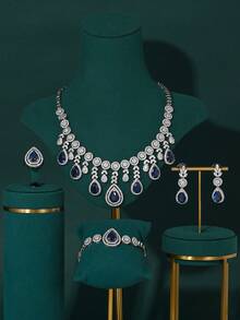 4 件套欧美风格新娘首饰套装：蓝色锆石项链、耳环、戒指和手链，适合迪拜婚纱、中东阿拉伯礼服、情人节礼物