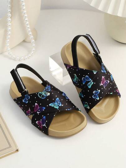 1 Pair Latest Summer Children Colorful Butterfly Print Sequin Criss-Cross Strap Sandals - Black Design. Suitable For Daily Outings, Shopping Malls, Summer Vacations, Park Walks, And Beach Trips. Casual, Fashionable, And Comfortable.