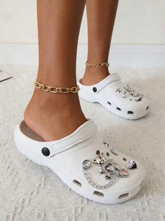 Women's Fashion Thick Bottom Versatile Solid Color Cute Crystal Bear Rhinestone Backless Hollow Mule Slippers Sandals, Suitable For Casual Wear, All Seasons