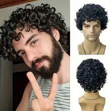 男士短款卷曲非洲假发，自然卷曲分层合成假发，适合派对、角色扮演、万圣节等场合 - 彩色 - 查看 2