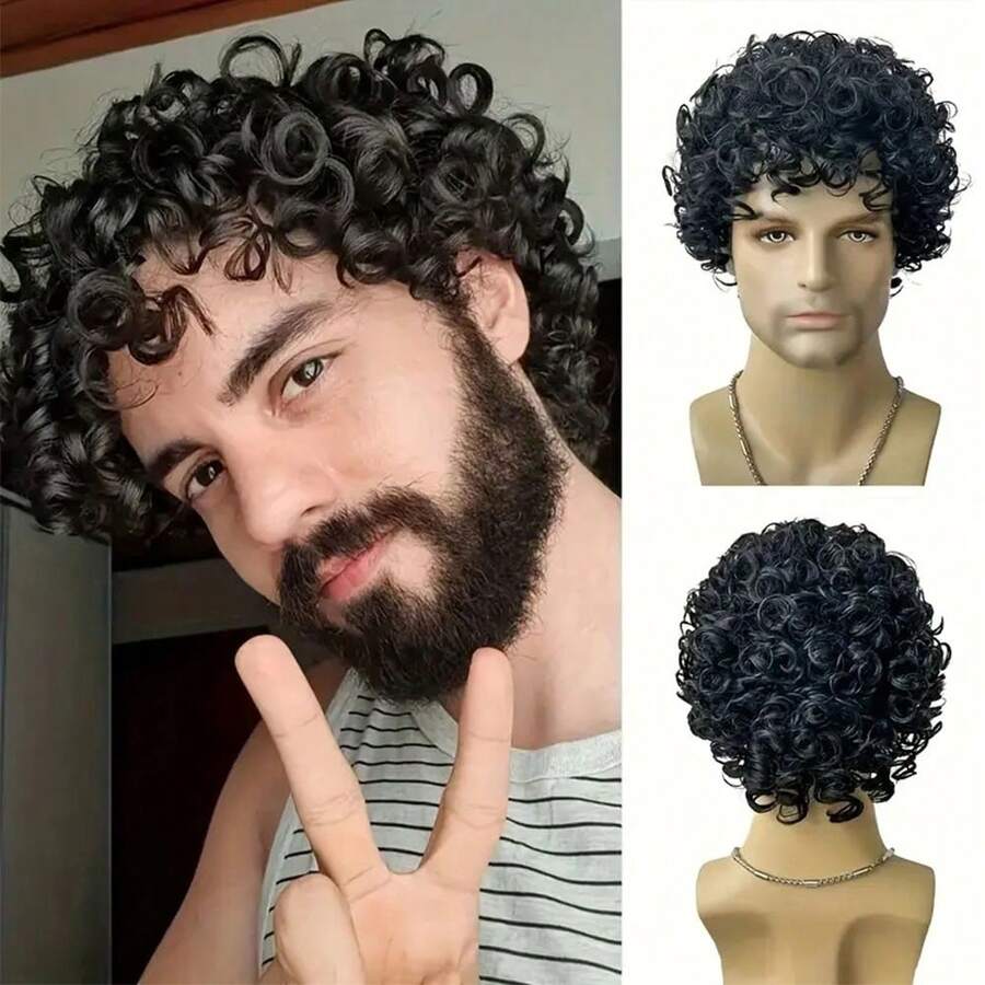 男士短款卷曲非洲假发，自然卷曲分层合成假发，适合派对、角色扮演、万圣节等场合