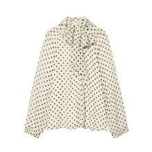 女士时尚休闲波点蝴蝶结宽松衬衫，优雅长袖上衣，春季必备 - 米色 - 查看 9
