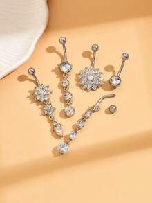 潮流梅花肚脐环，不锈钢镶嵌锆石，蛋白石花朵流苏吊坠，适合女士日常佩戴，也适合节日、婚礼、万圣节、圣诞节、派对等场合，是馈赠佳品。 - 白金 - 查看 3
