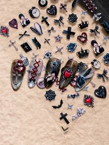 1 Sheet Gothic Punk Style Nail Art Stickers, Detailed And Atmospheric, Includes Classic Dark Symbols Such As Cross, Gem-Like Heart, Black Cat, Coffin, Eyeball, Bat, Spider, Skull Bottle, Gothic Girl, As Well As Retro Elements Like 8-Ball And Clock, Suitable For Personal DIY And Nail Salons