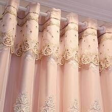 1 Piece Of European-Style Blackout Double-Layer Curtain, 3D Relief Embroidered Flower Yarn, Suitable For Bedrooms, Living Rooms And Other Room Types, Top Hole Ring Processing - 粉色 - 查看 6