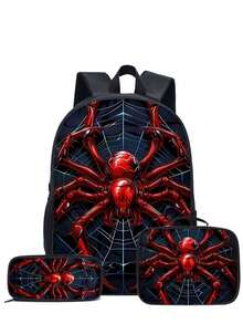 3pcs Spider/Truck Theme Backpack Set (Black/Red/Colorful), Includes Handbag, Pencil Case And Storage Bag - Made Of Polyester, Lightweight And Fashionable, Mixed Color Design