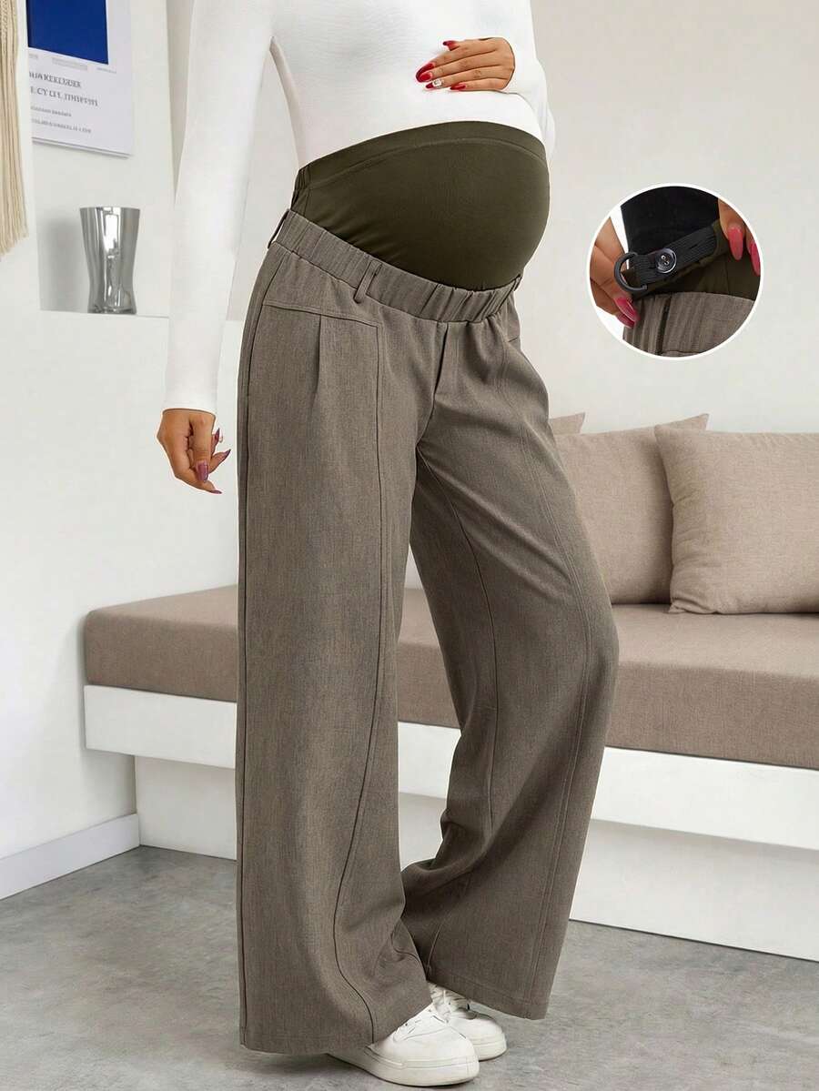 Pregnant Women's Casual Solid Color Pleated Wide-Leg Pants, Suitable For Banquets, Business Occasions, Spring/Summer/Autumn - Army Green - View 1