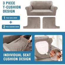 Trugenix-Sofa Cover 2 Piece T Cushion Armchair Slipcovers Velvet Couch Cover Furniture Protector Stretch T Cushion Sofa Covers For 1 Cushion Couch With 1 Individual T Cushion Covers, Deep Teal-GP - 灰褐色 - 查看 11