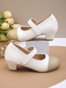 1 Pair Girls' Colorful Sequin Hook And Loop Design Elegant & Lively Small High Heel Shoes, Dance Shoes, Princess Shoes, Party Shoes, Suitable For Year-Round Wear, Perfect Christmas Gift For Children's Birthdays - Champagne - View 6