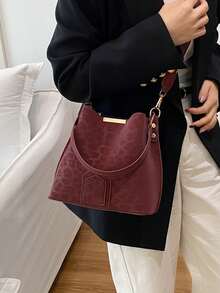 Nova Bolsa Balde Estampada de Leopardo PU Versátil, Elegante e Casual, Estilo de Nicho da Moda, Alça Larga Retrô Clássica de Alta Qualidade, Bolsa de Ombro Transversal Adequada para Trabalho, Encontros, Compras e Uso Diário - Vinho - Visão 9