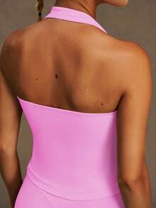 VVX 女士露背吊带运动短款背心，可拆卸胸垫，性感露背，Y2K风格，舒适透气，休闲纯色，柔软面料，适合健身房、日常穿着，四季皆宜。 - 熱帶粉紅色 - 查看 5