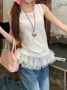 芭蕾舞风格蕾丝拼接无袖背心，叠穿设计，春夏休闲白色 - 白色 - 查看 4