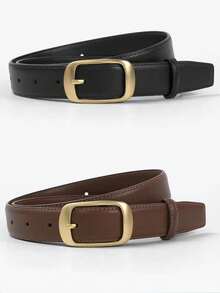 1pc Women's Metal Small Square Buckle PU Leather Belt,Simple & Fashionable, Suitable For Jeans, Trousers, Coats, Dresses, Etc. Summer, School Fall, Autumn, Halloween - 黑色 - 查看 1