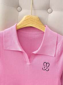 Camiseta Polo Feminina com Bordado, Camisa de Manga Curta, Rosa Primavera/Verão - Rosa chiclete - Visão 5