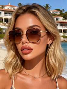 1 Pair Women's Leopard Print Copper Geometric Full Frame Stylish & Design Business Casual Elegant Street Style Basic Eyeglasses, Suitable For Office Attire, Outdoor Activities, Golf, Family Outings, Festivals, Women's Accessories - Multicolor - View 1