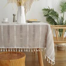 Gernaice Rustic Stripe Embroidered Tablecloth Heavy Tassel Small Rectangle Cotton Linen Table Cloth Wrinkle Free Washable Table Cover For Coffee Living Room Sofa Table Brown 36x55 Inch - 棕色 - 查看 4