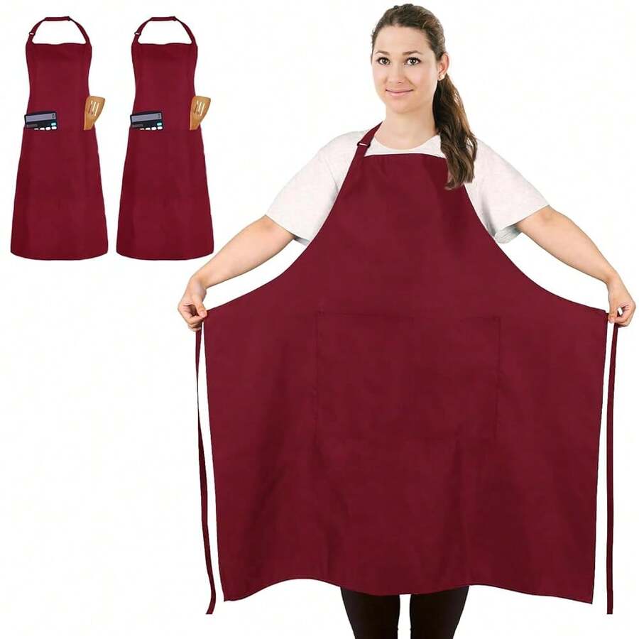 2 Pcs Plus Size Chef Apron, Unisex Professional Apron With 2 Pockets For CooFKing, Work, BaFKing (Larger Size) - Red - View 1