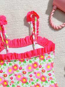 2026 New Children's Beach Party Vacation Yellow Floral Lace One-Piece Swimsuit - Multicolor - View 5
