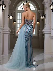 Striped Sequins Pattern Beaded Sequin Embroidered Elegant Sexy Off Shoulder Bodycon Mermaid Maxi Dress, Suitable For Cocktail, Wedding, Formal Party Spring - Blue - View 5