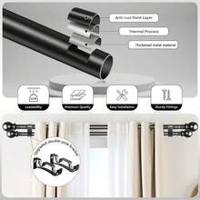Juego de barra de cortina doble ajustable, longitud de 33 pulgadas a 156 pulgadas, kit de barra de cortina telescópica de metal dual, adecuado para ventanas, incluye soportes de barra, diámetro de 5/8 pulgadas. Ideal para cortinas opacas en el baño, dormitorio y sala de estar. - Negro - Ver 9